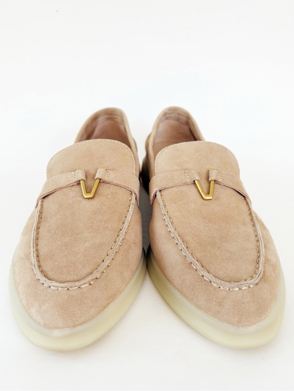 Veronica Beard Ailey Suede Loafers Beige Camel Gold V Hardware Size 6.5 - Picture 7 of 15